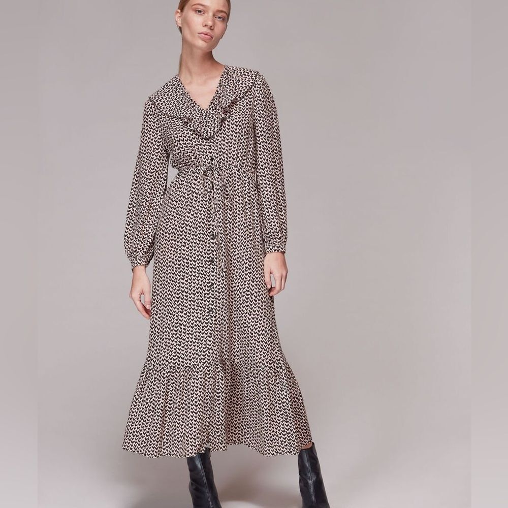 Whistles Multicolor Abstract Heart Print Tie Waist Long Sleeve Midi Dress Size 2